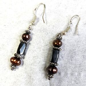 Novica .925 Sterling Silver Hematite gems brown cultured pearls dangle earrings
